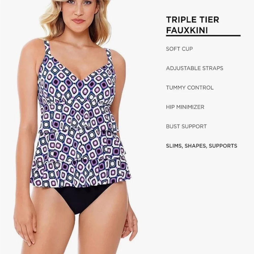 SWIM SOLUTIONS Women's Jewels Tiered Tummy Control One Piece Swimsuit sz 8 - Picture 3 of 6